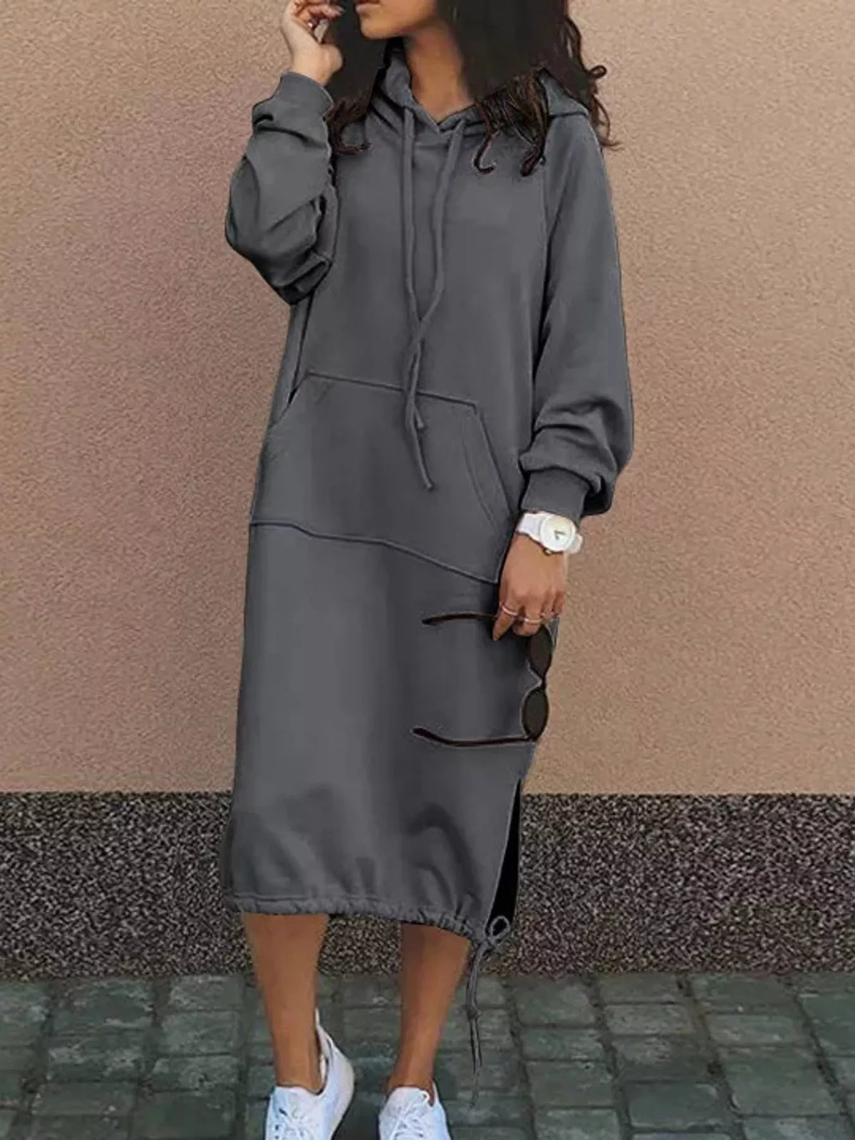 Gray hooded sweatshirt midi dress with drawstring hem, front view