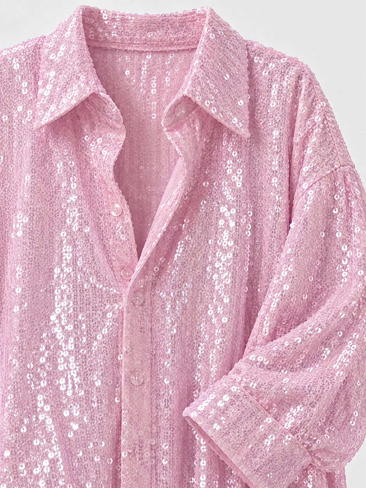 Pink sequin button up long sleeve shirt, detail view