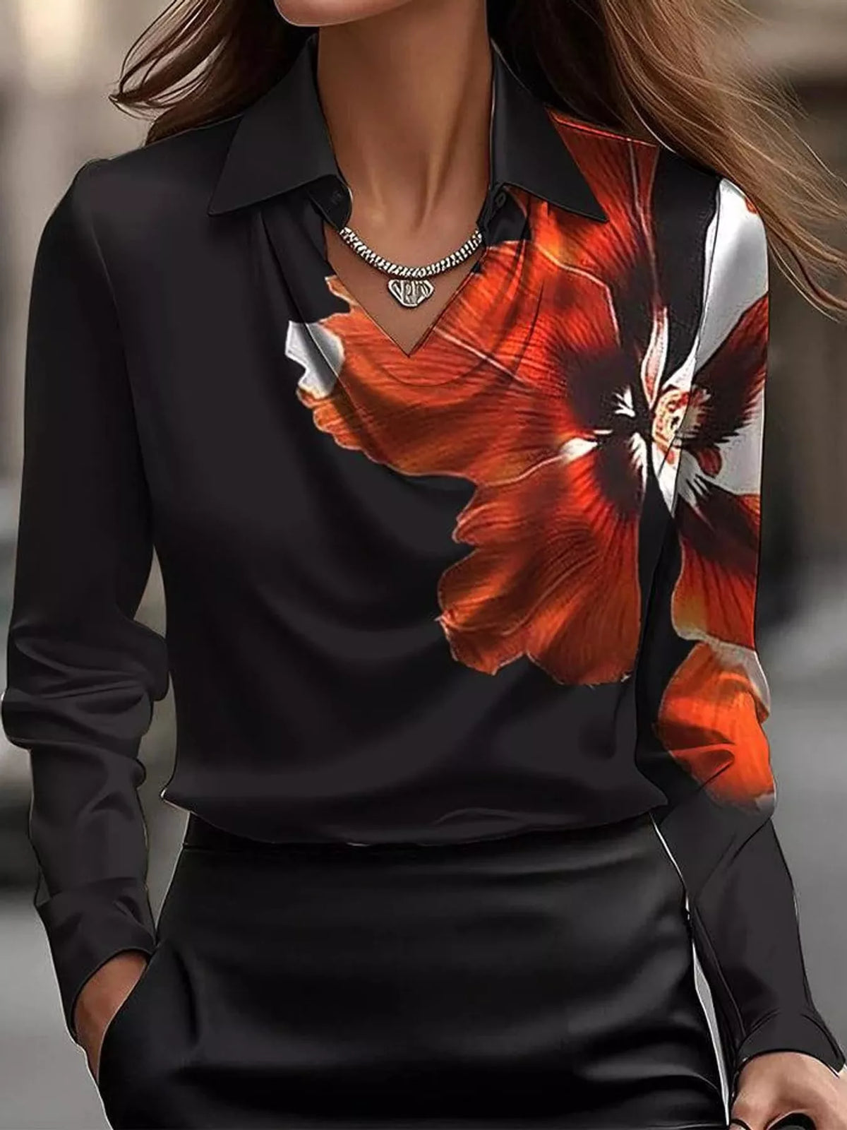 Black-Print satin cowl neck blouse