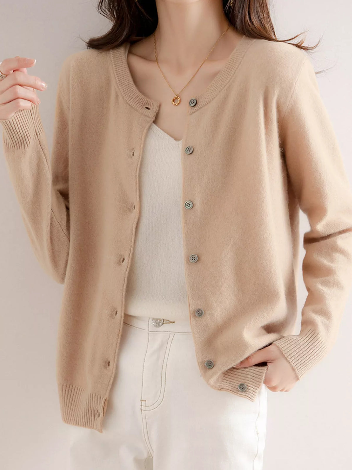 Button-down cardigan, tan open front
