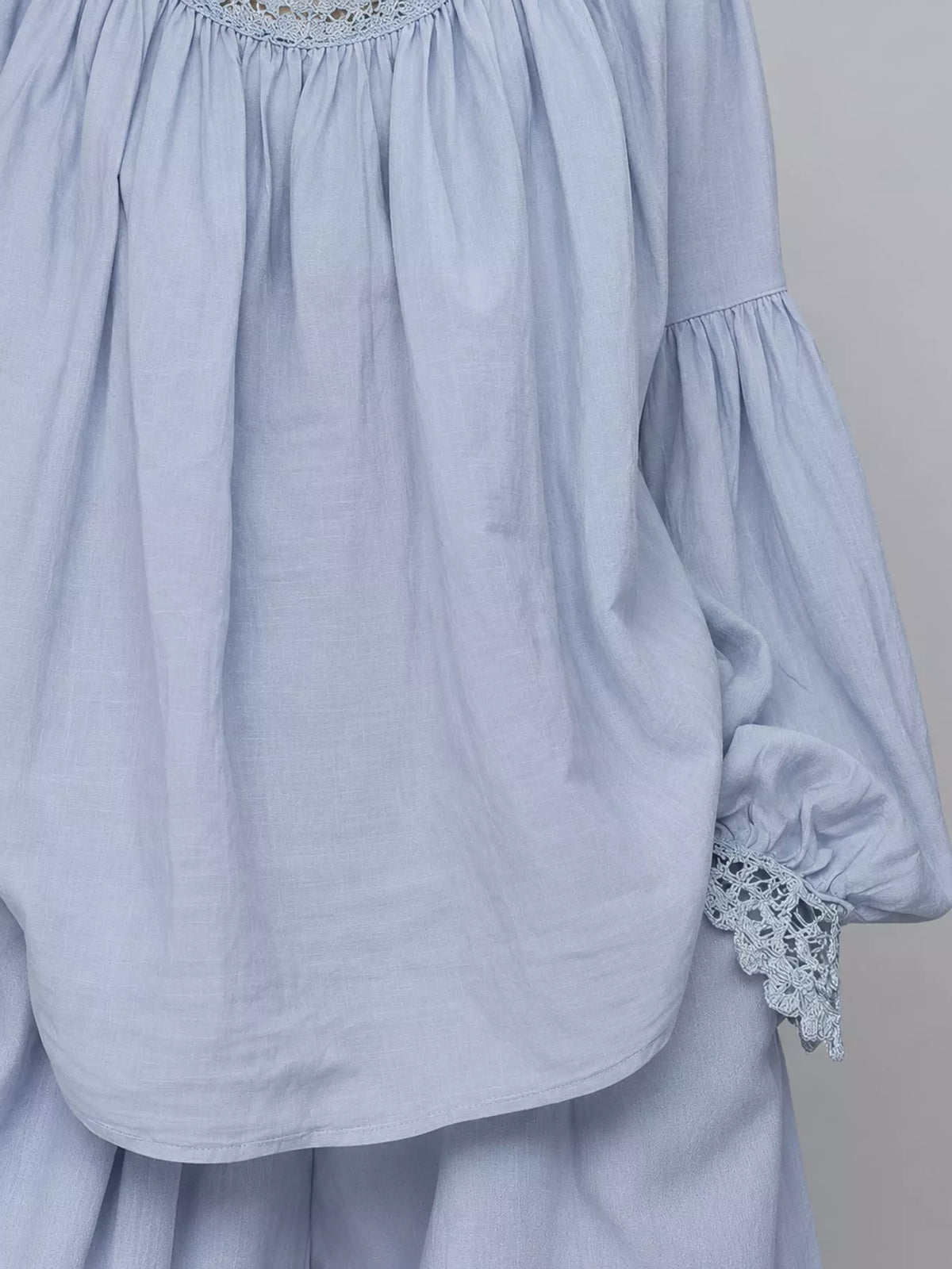 Light Blue lace mock neck long sleeve blouse, detail view