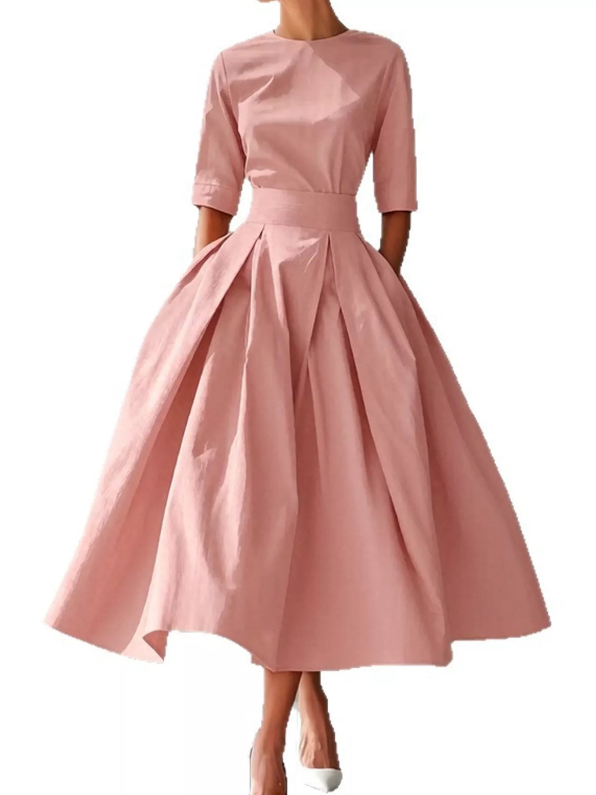 Round neck short sleeve midi dress, front view on model