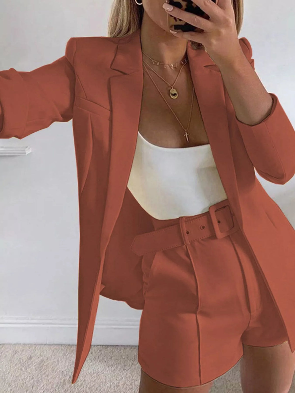 Collared long sleeve outfit set, front view on model
