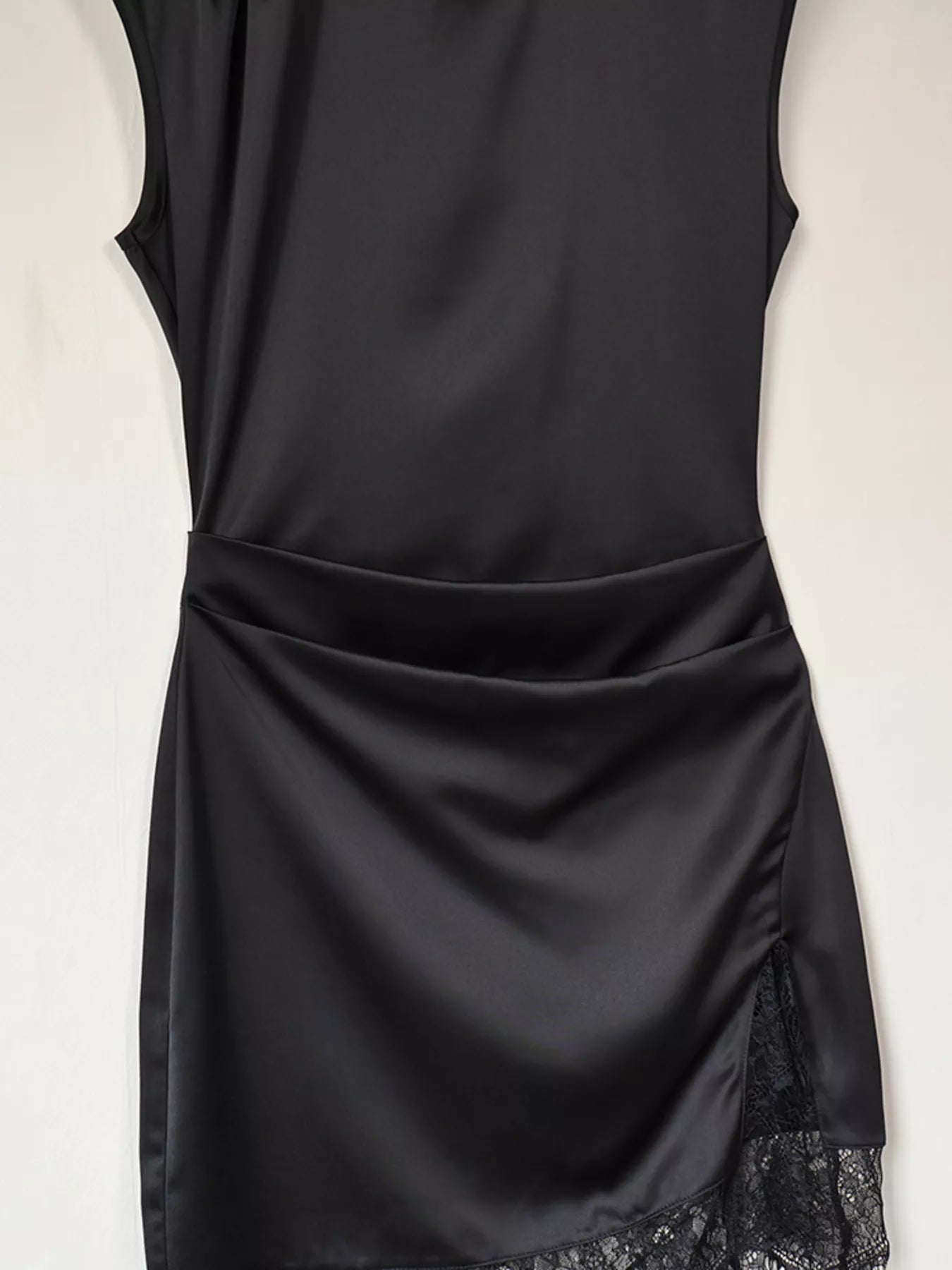 Trendsi Satin Mock Neck Sleeveless Mini Dress with Lace Hem -