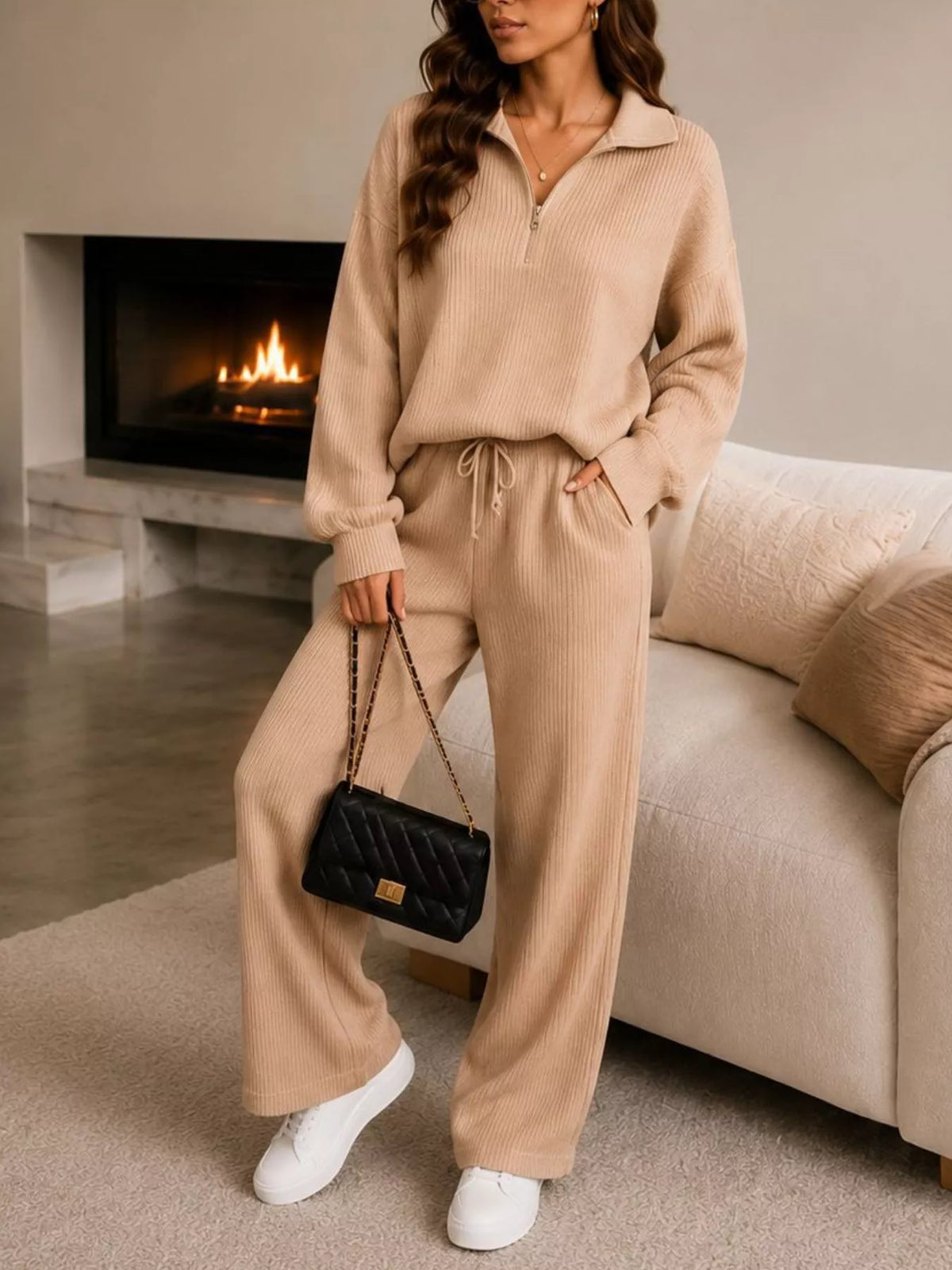 Beige quarter-zip knit top and pants set, full front view
