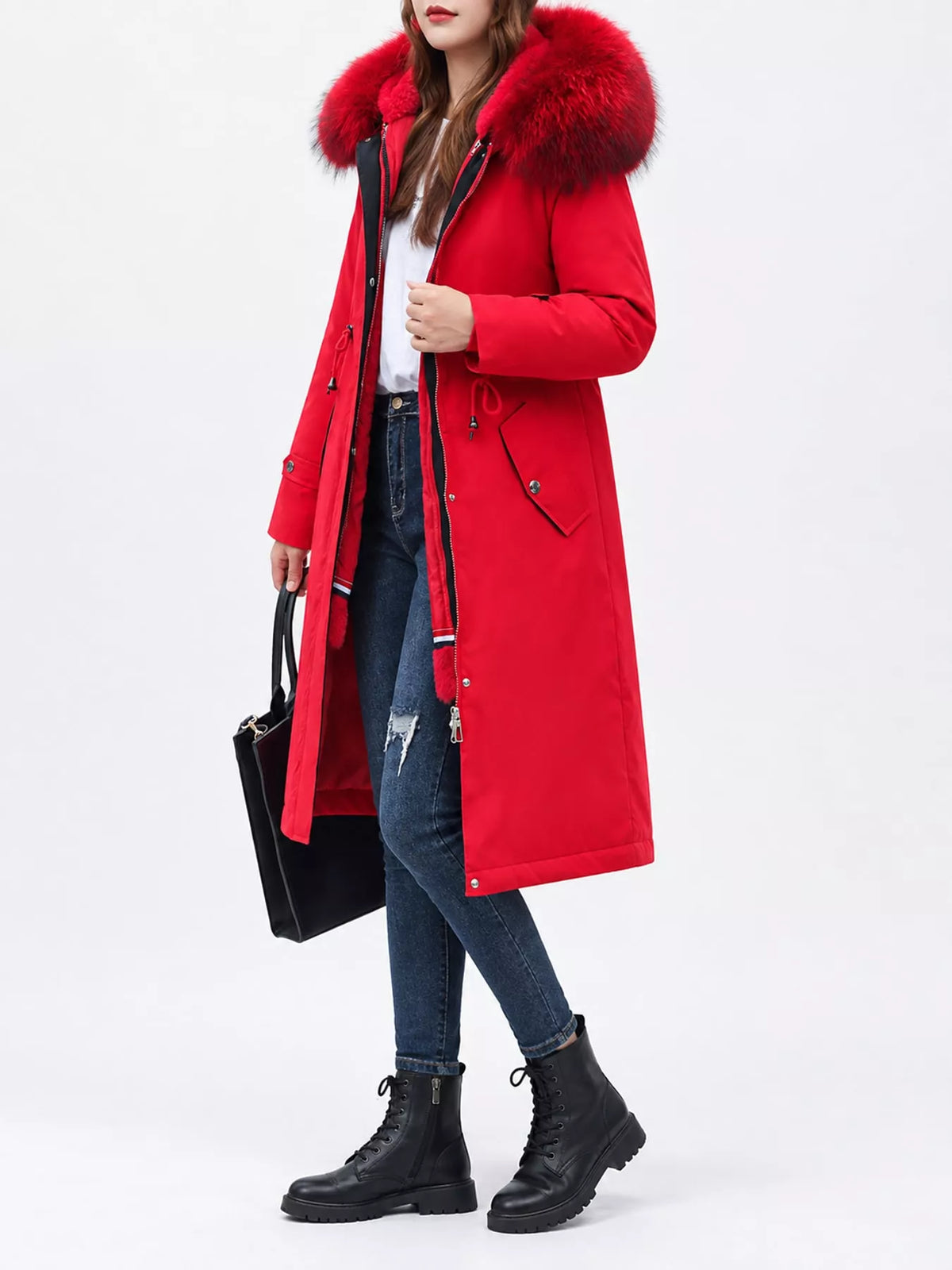 Faux-fur-trim parka, red side