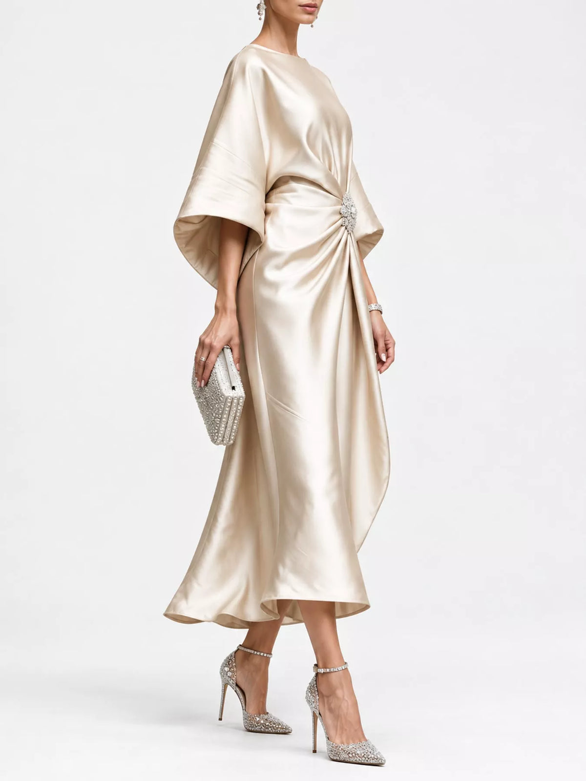 Apricot satin draped brooch evening dress