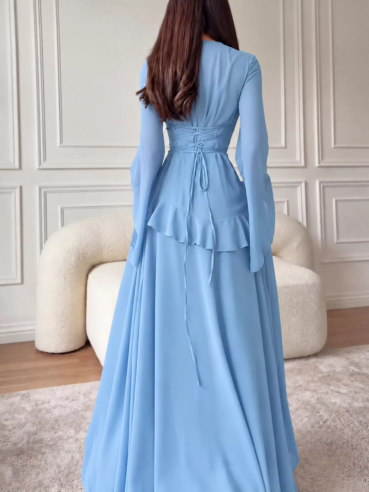 Light blue ruffled flare sleeve maxi dress, back view