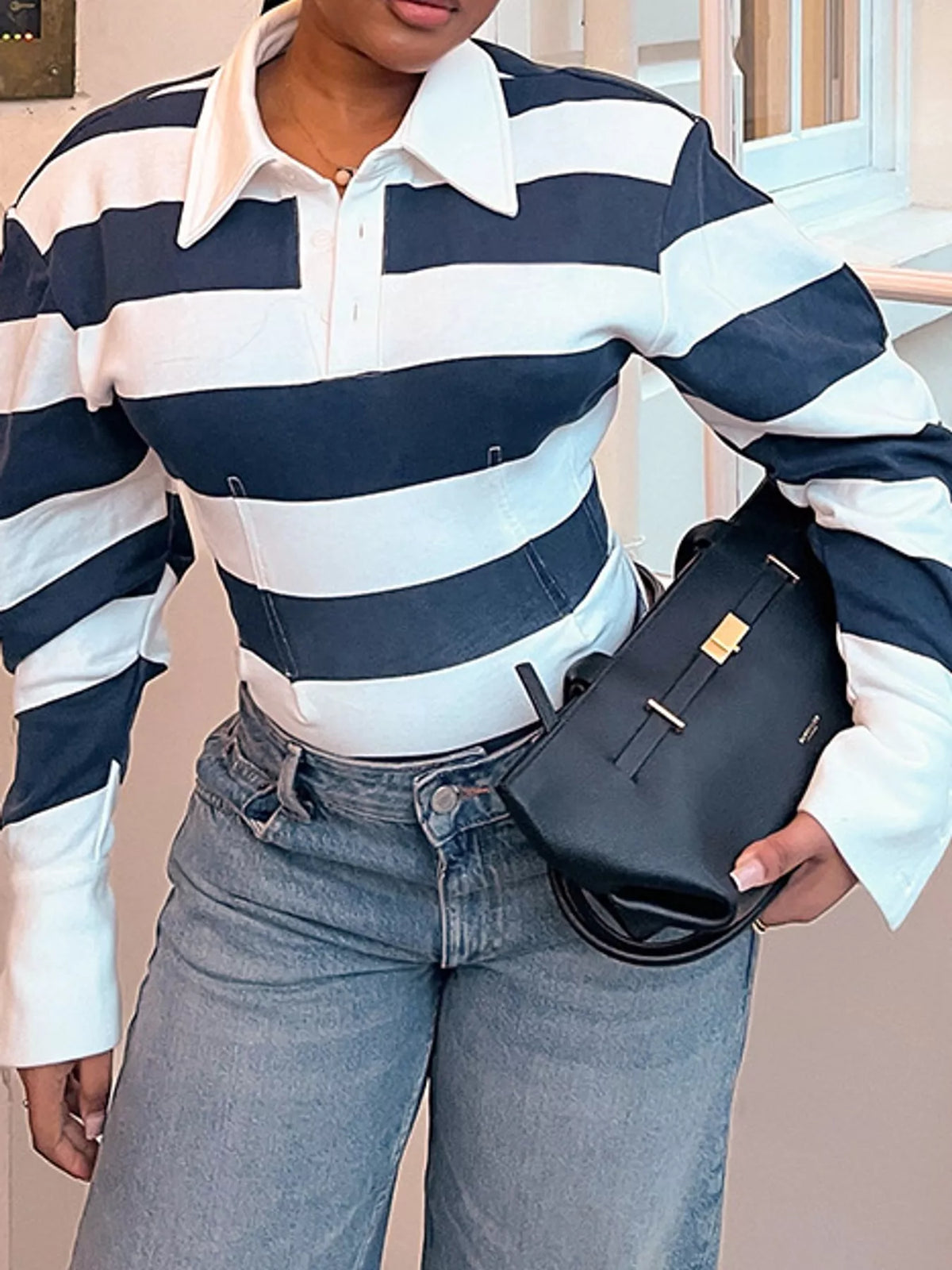 Collared long sleeve top, front view on model