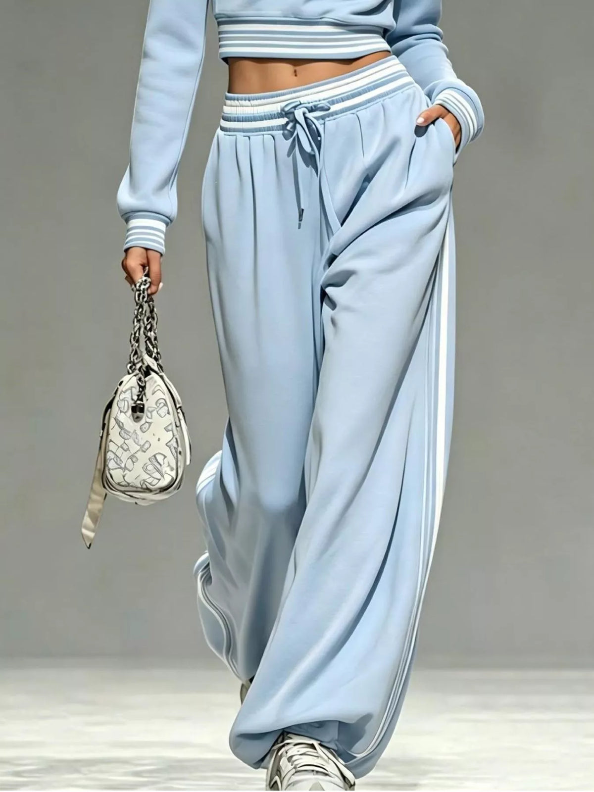 Blue half-zip crop top and pants set, pants detail