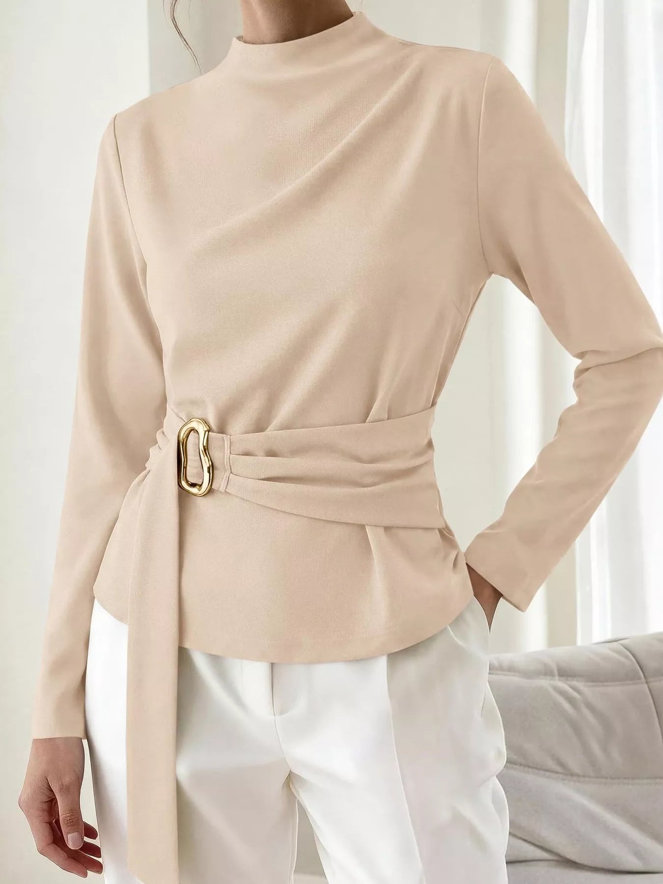 Trendsi Mock Neck Blouse with Waist-Defining Metal Buckle Detail -