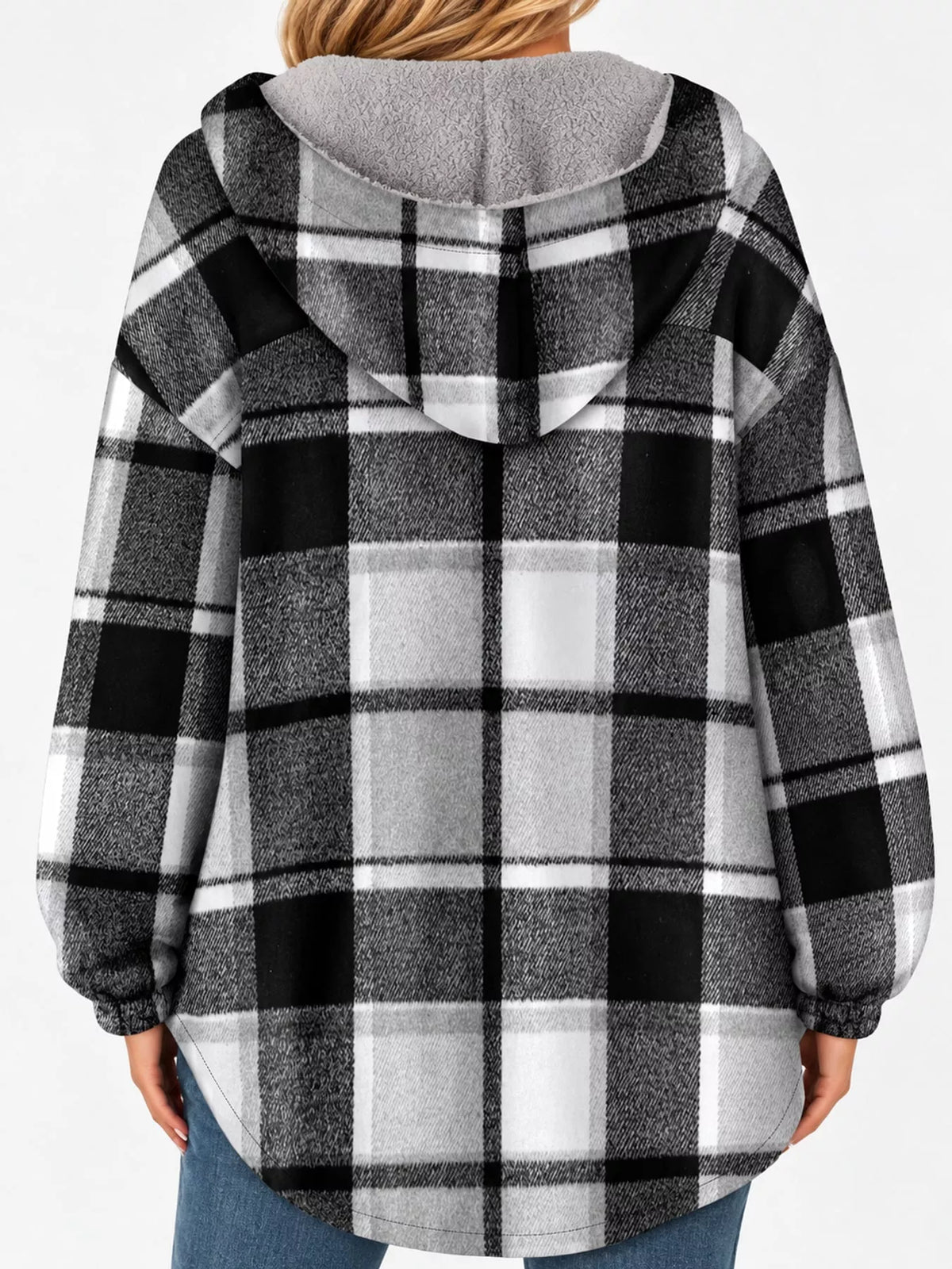 Black plaid hooded button up jacket, back view