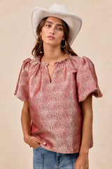 Trendsi BiBi Jacquard Woven Short Balloon Sleeves V Neck Top -