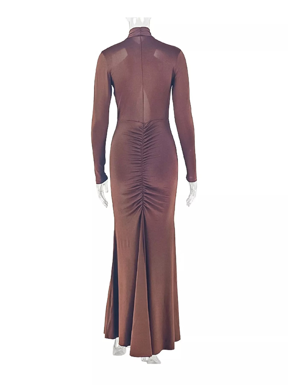 Brown long sleeve cutout ruched maxi dress, back view