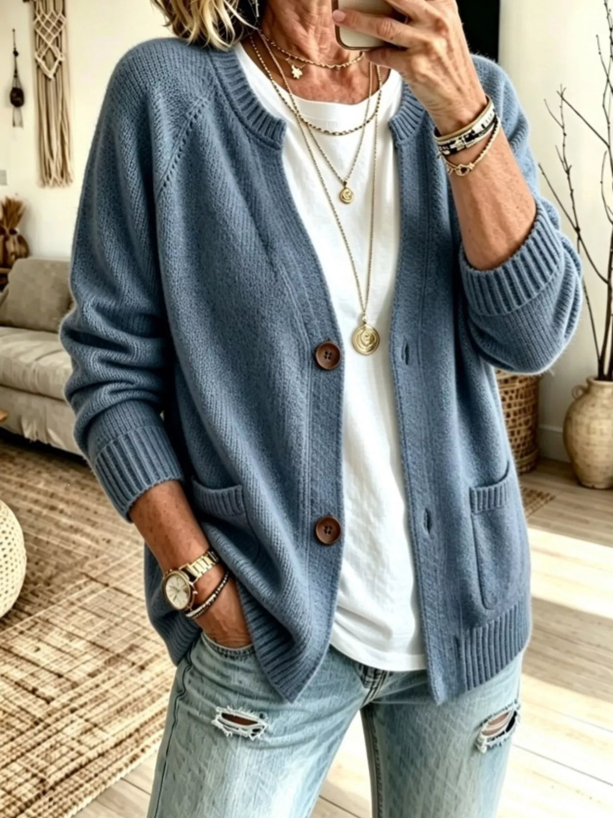 Women's Button Up Raglan Sleeve Cardigan in Sea Blue, front view