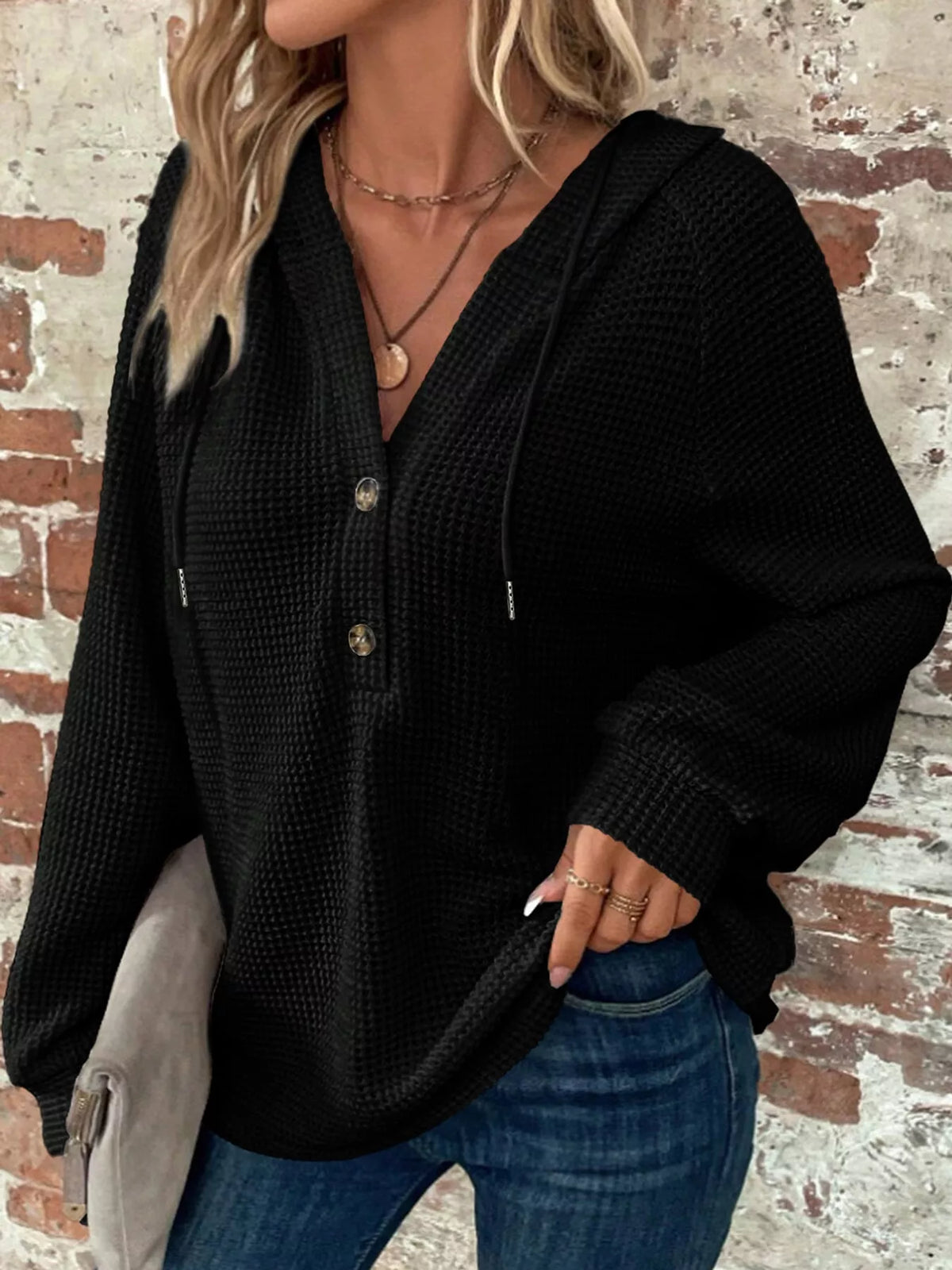 Black waffle knit button-detail hoodie