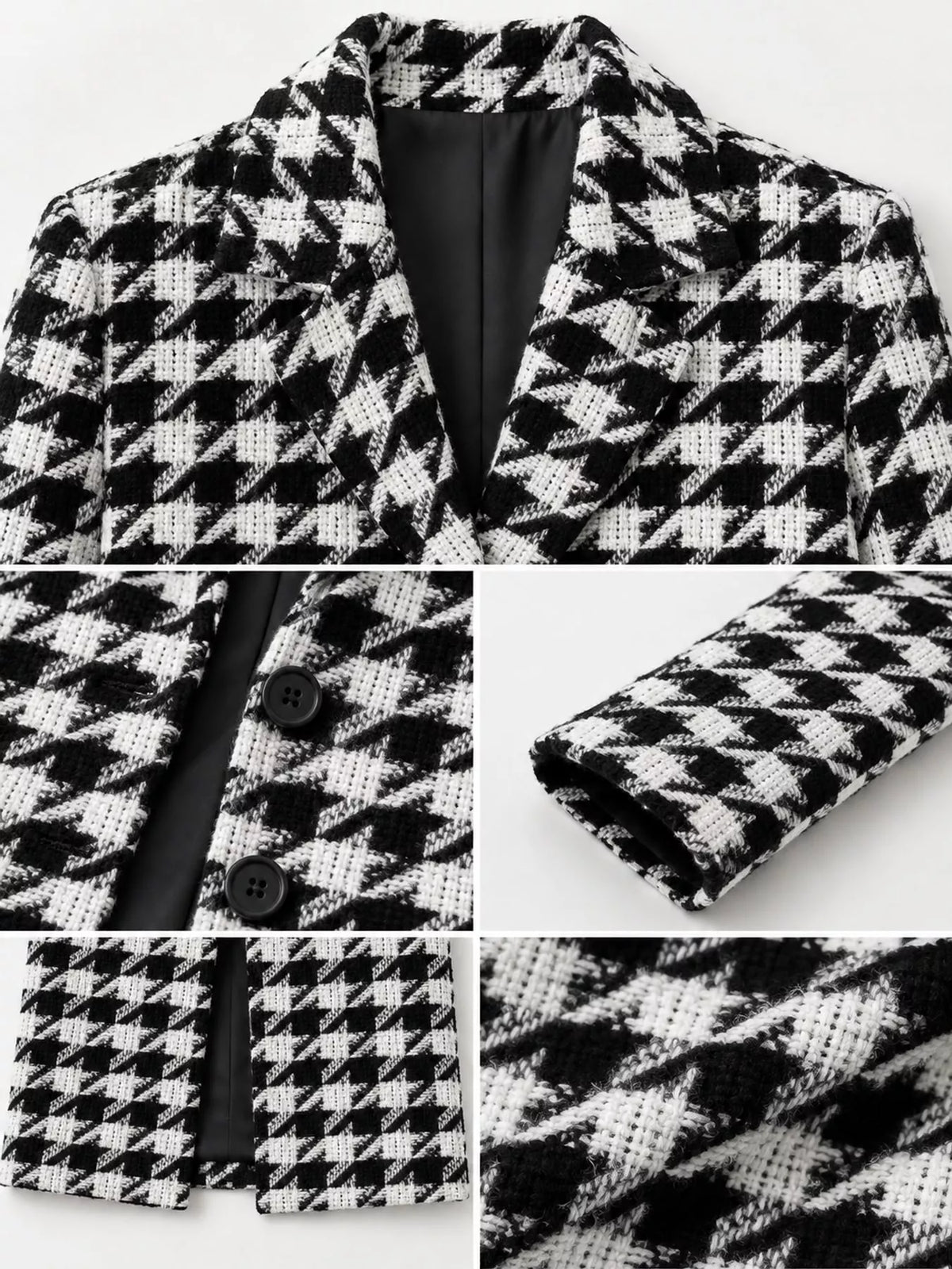 Women's Patterned Notched Lapel Longline Coat in black and white houndstooth — detail collage view