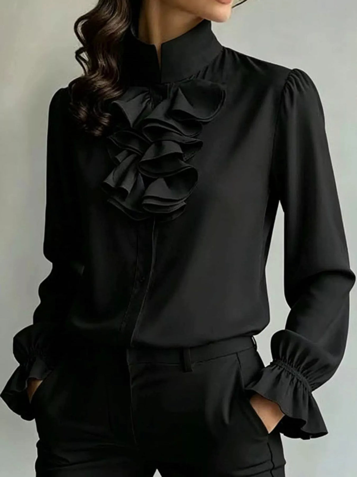 Ruffled Stand-Collar Blouse with Long Lantern Sleeves, front view