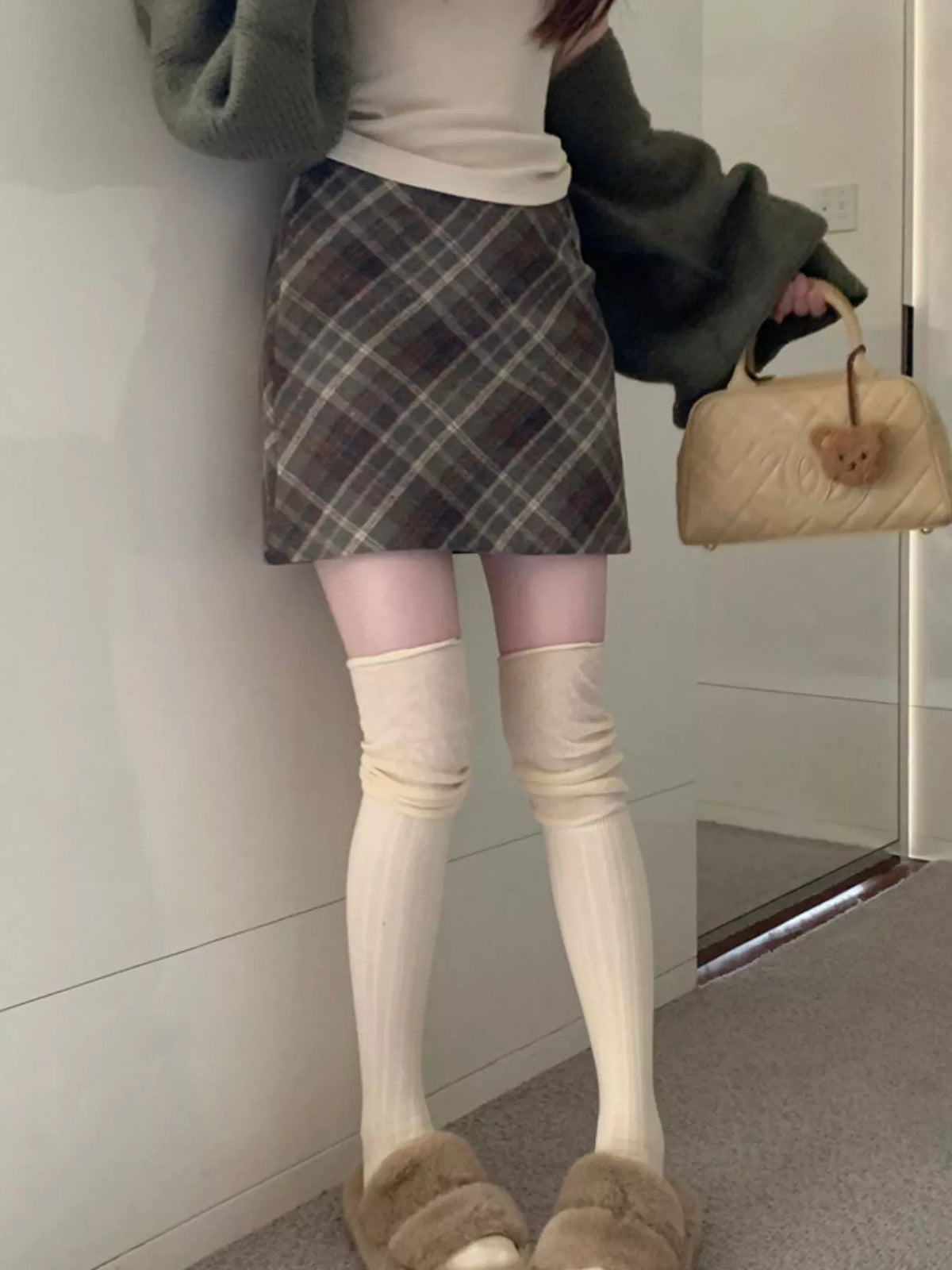 Coffee vintage plaid a-line mini skirt