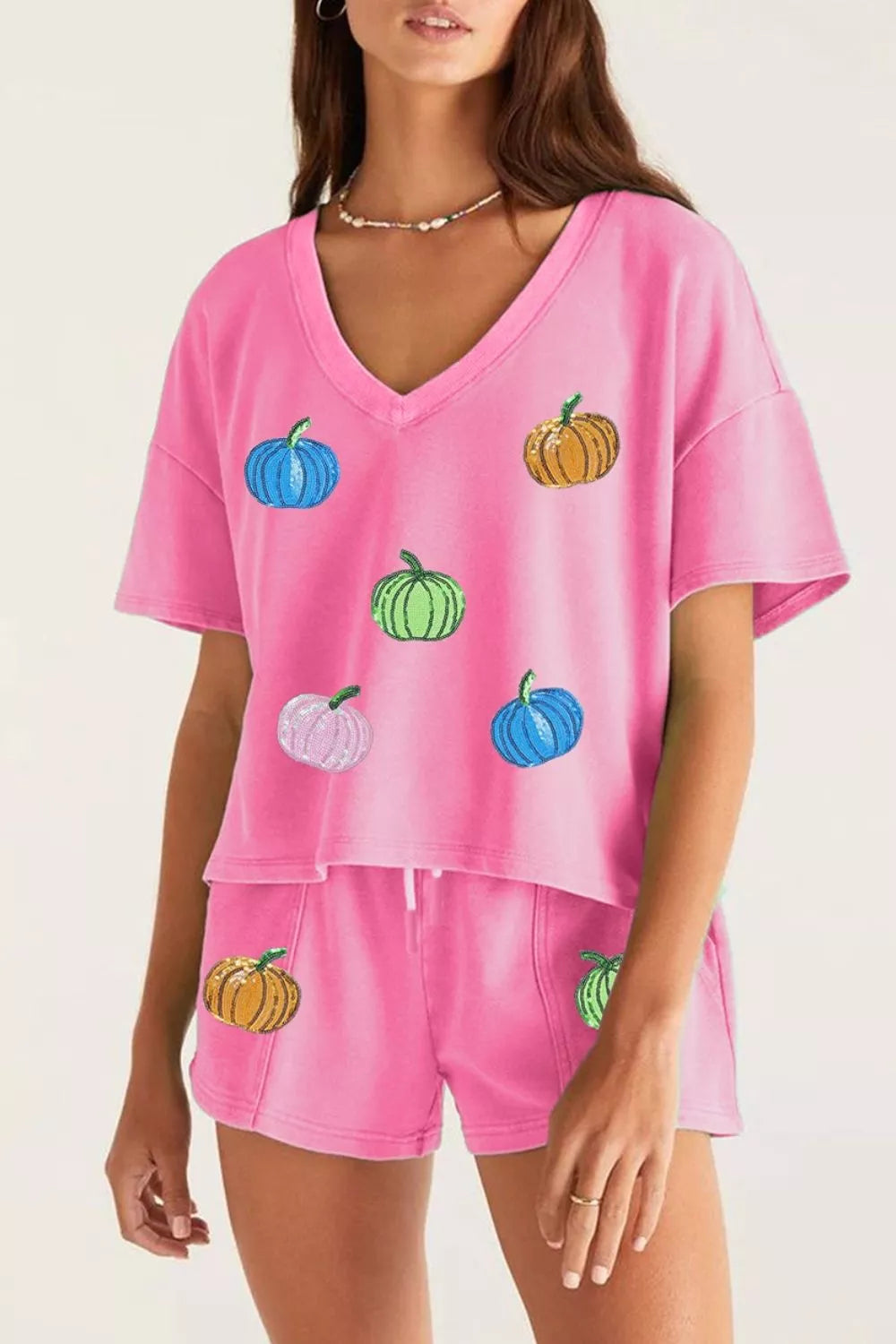 Trendsi Sequin Halloween Pumpkin Pattern V Neck Tee and Drawstring Bottoms Casual Set -