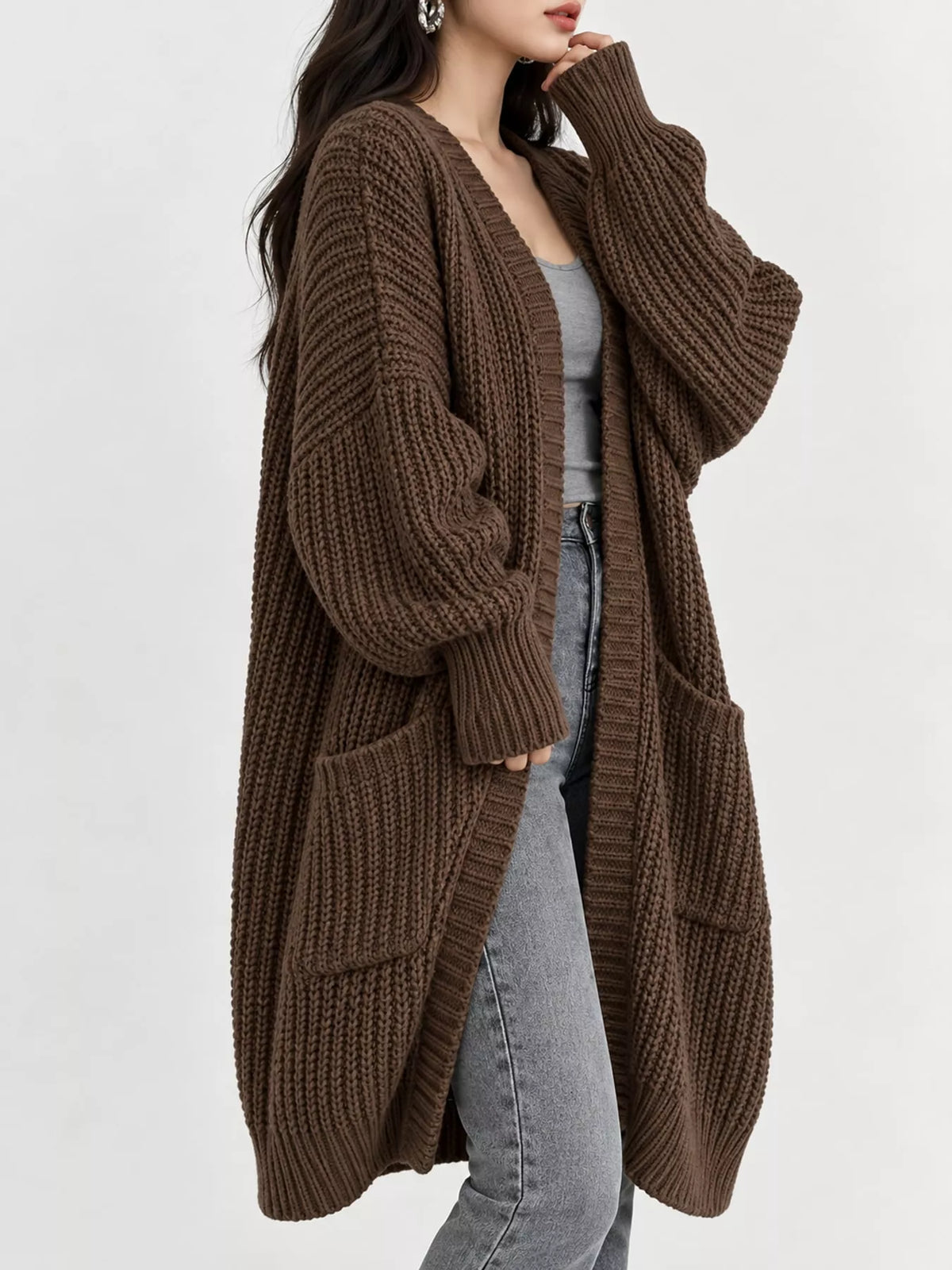 Longline knit cardigan, brown side