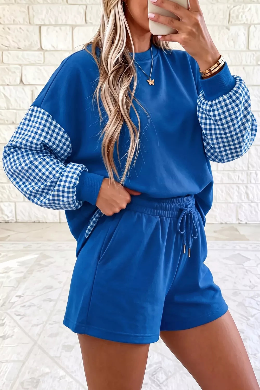 Trendsi Gingham Patchwork Long Sleeve Sweatshirt and Shorts Set -