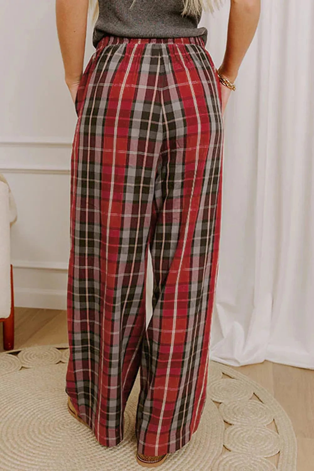 Plaid Elastic Waist Pocket Regular Full-Length Pants in red, back view