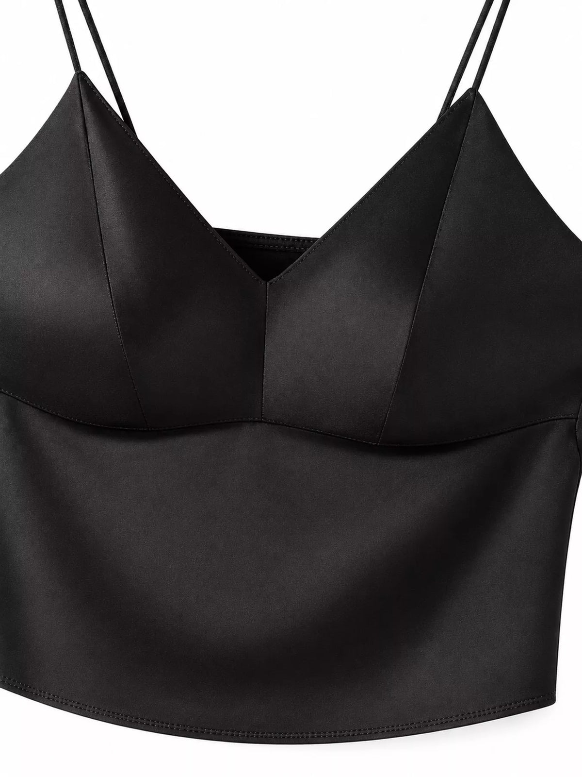 Black satin v neck cami, detail view