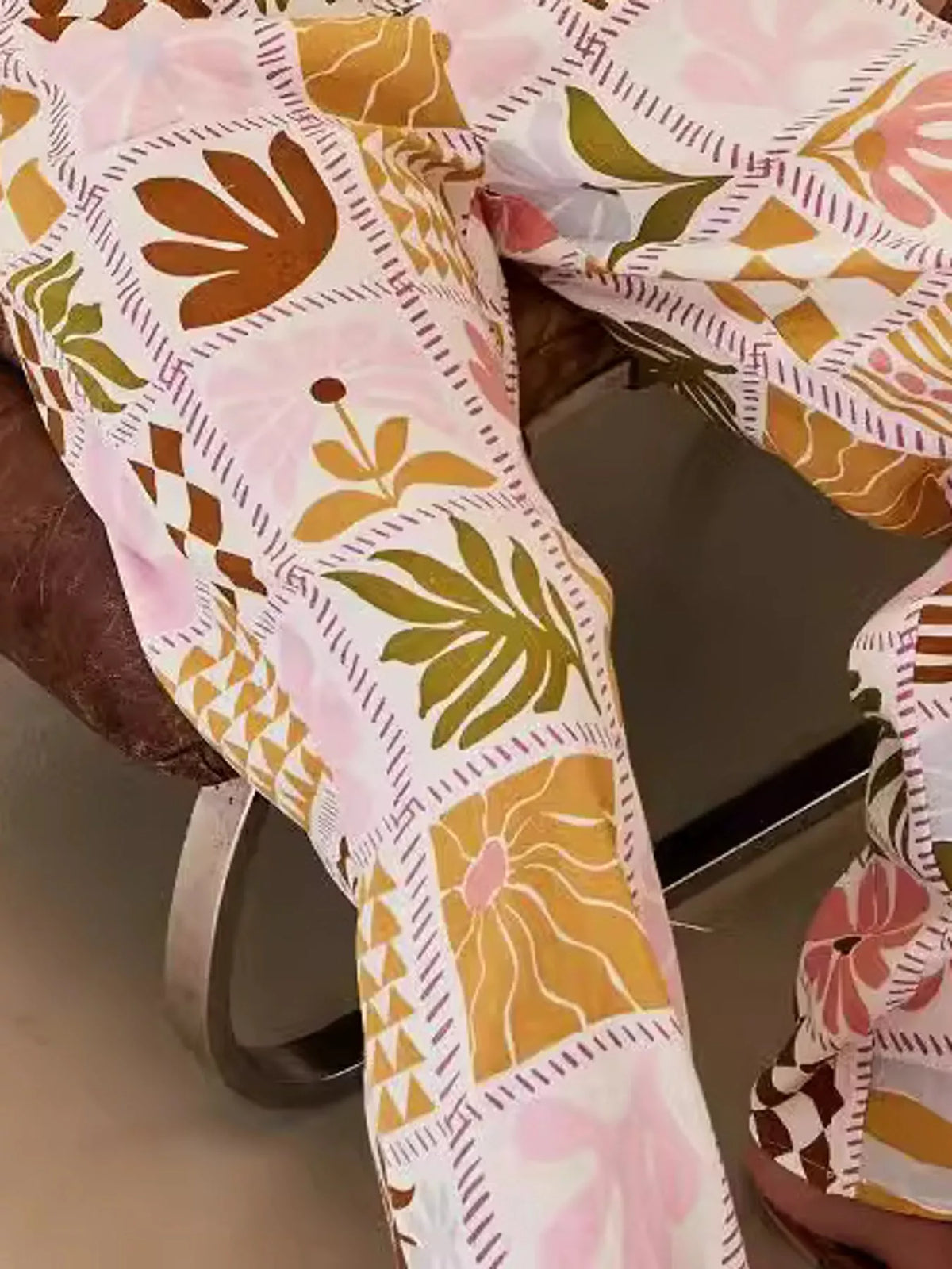 Printed Button Up Shirt and Pants Set, detail view in multicolor