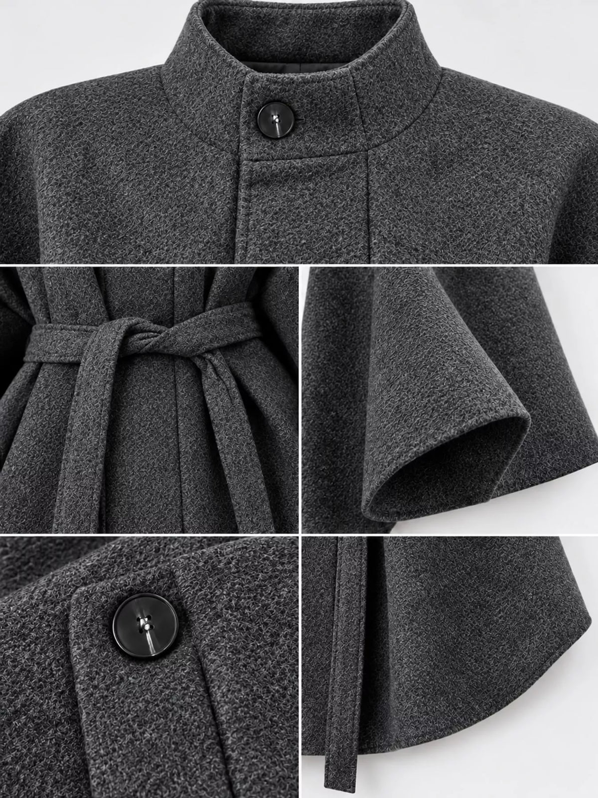 Charcoal tie-waist cape — design and construction details