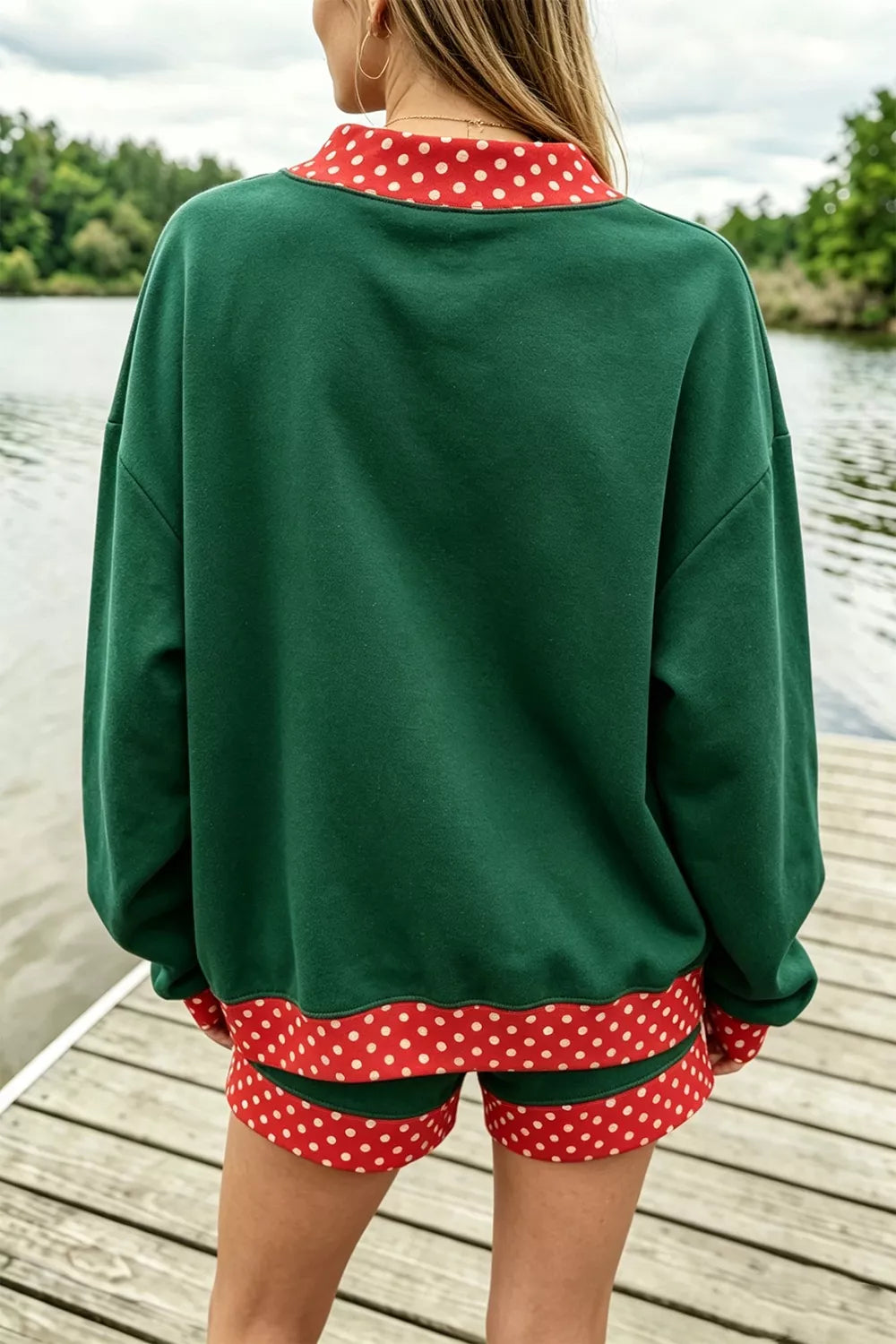 Trendsi Polka Dot Trim Sweatshirt and Shorts Set -
