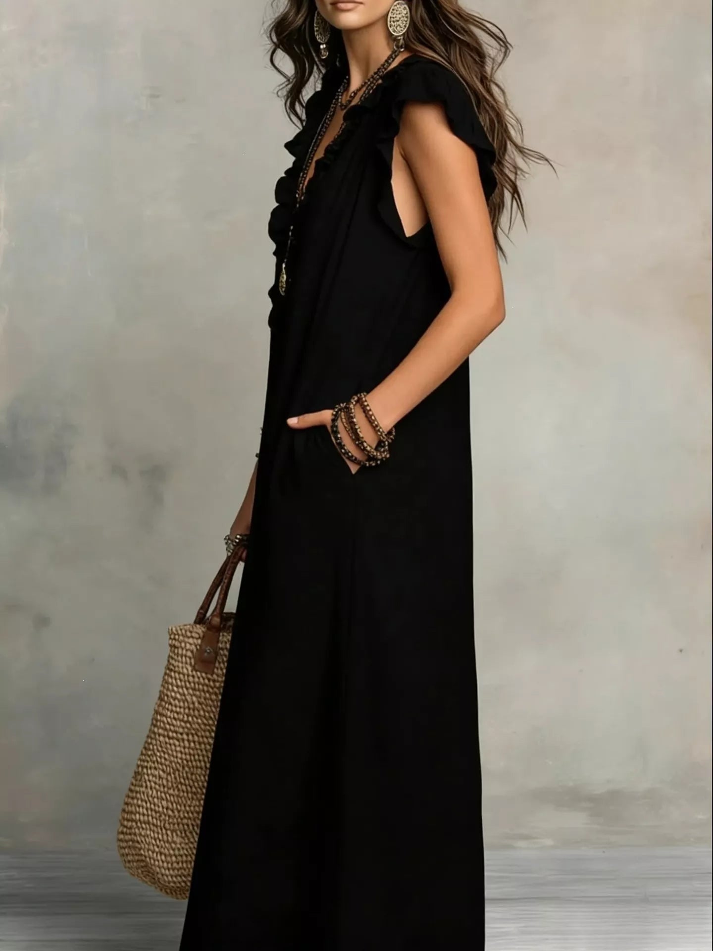 Trendsi Full Size Ruffled V-Neck Cap Sleeve Maxi Dress Plus Size -