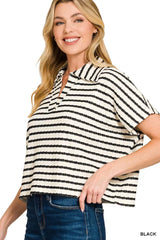 Trendsi Zenana Striped Split Neck Collared Top -