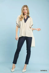 Trendsi Umgee Linen Puff Sleeve Contrast Trim Top -