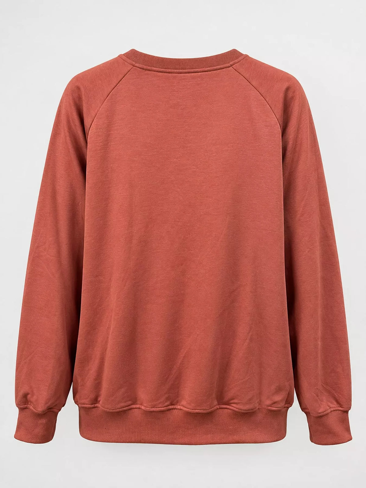 Rust crew neck raglan sleeve sweatshirt, back view