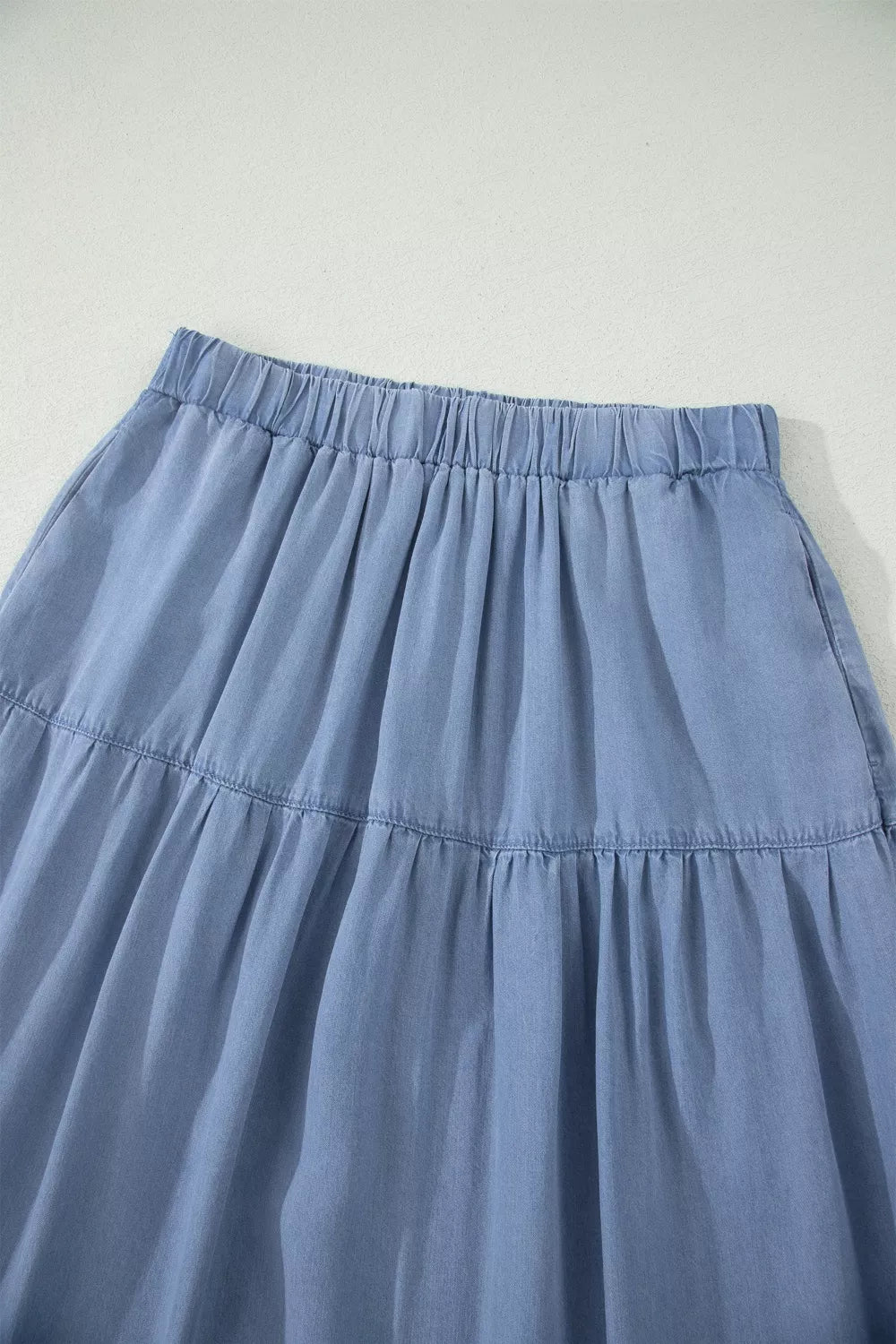 Trendsi Elastic Waist Ruffled Tiered Flared Denim Maxi Skirt -