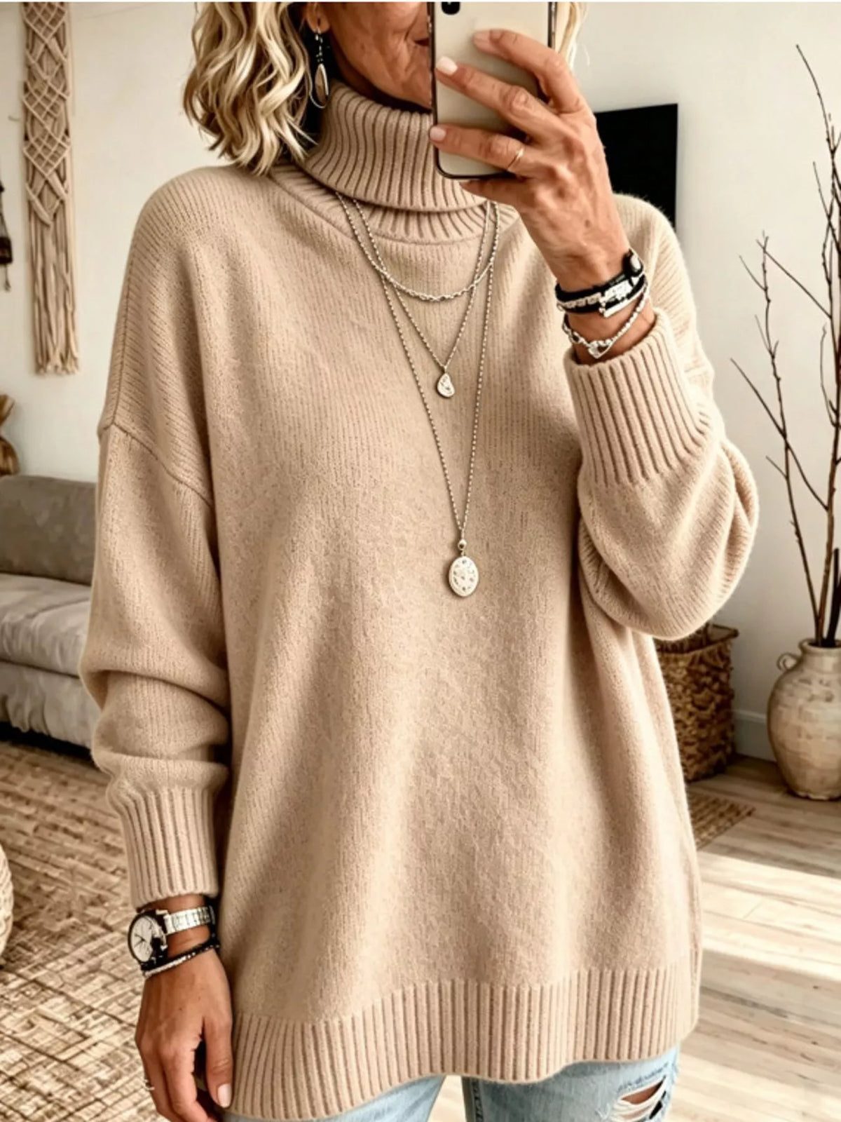 Oversized Turtleneck Pullover Sweater — front view