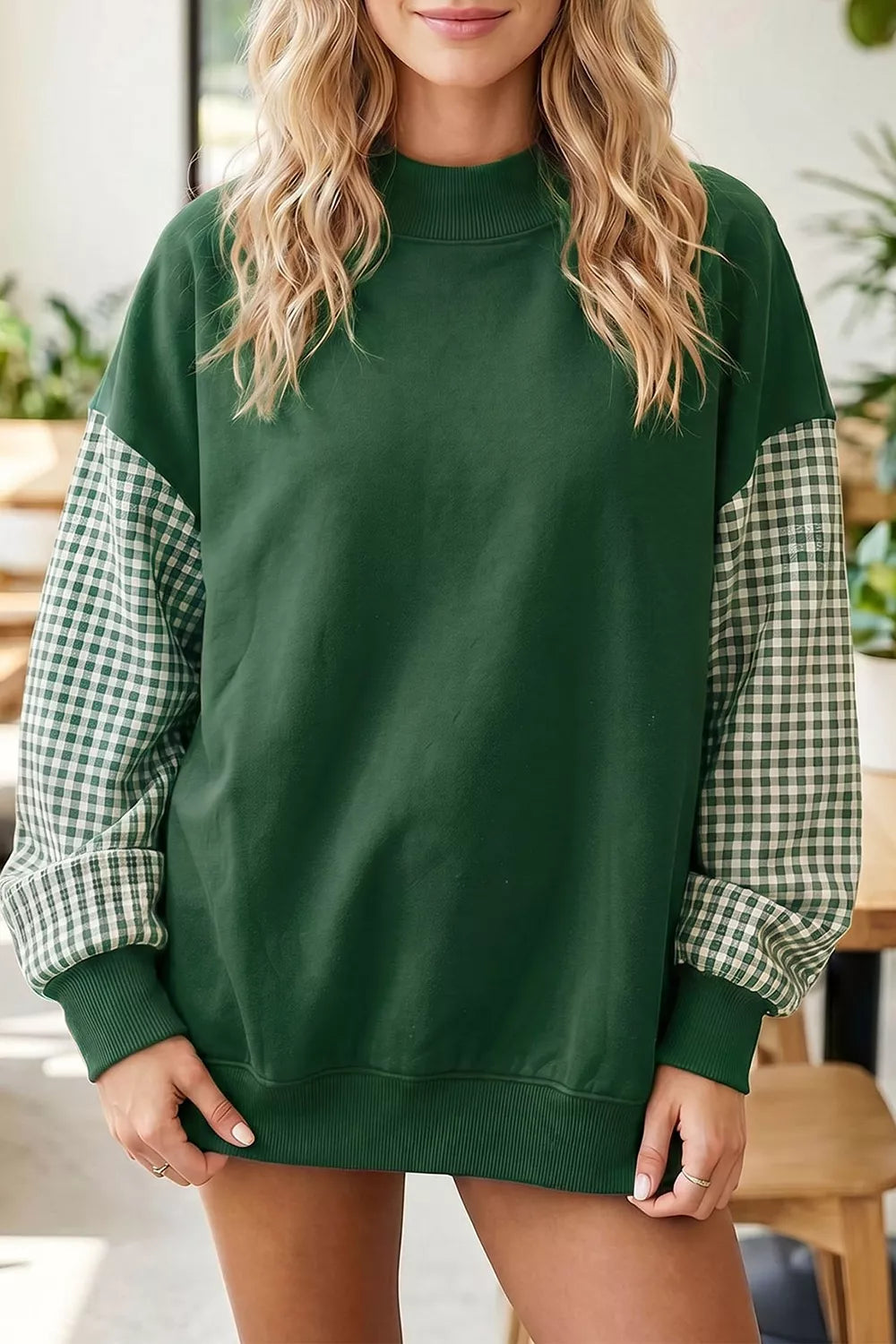 Trendsi Gingham Sleeve Mock Neck Sweatshirt -