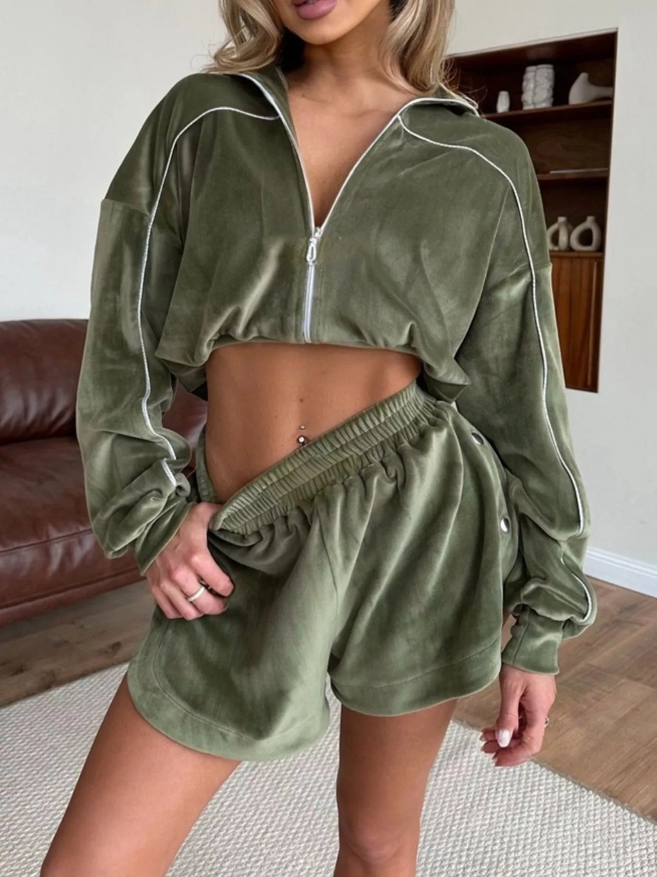 Trendsi Zip-Up Outerwear and Shorts Set -