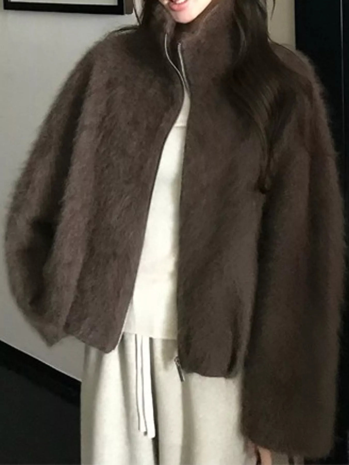 Fuzzy Zip-Up Stand Collar Jacket in brown