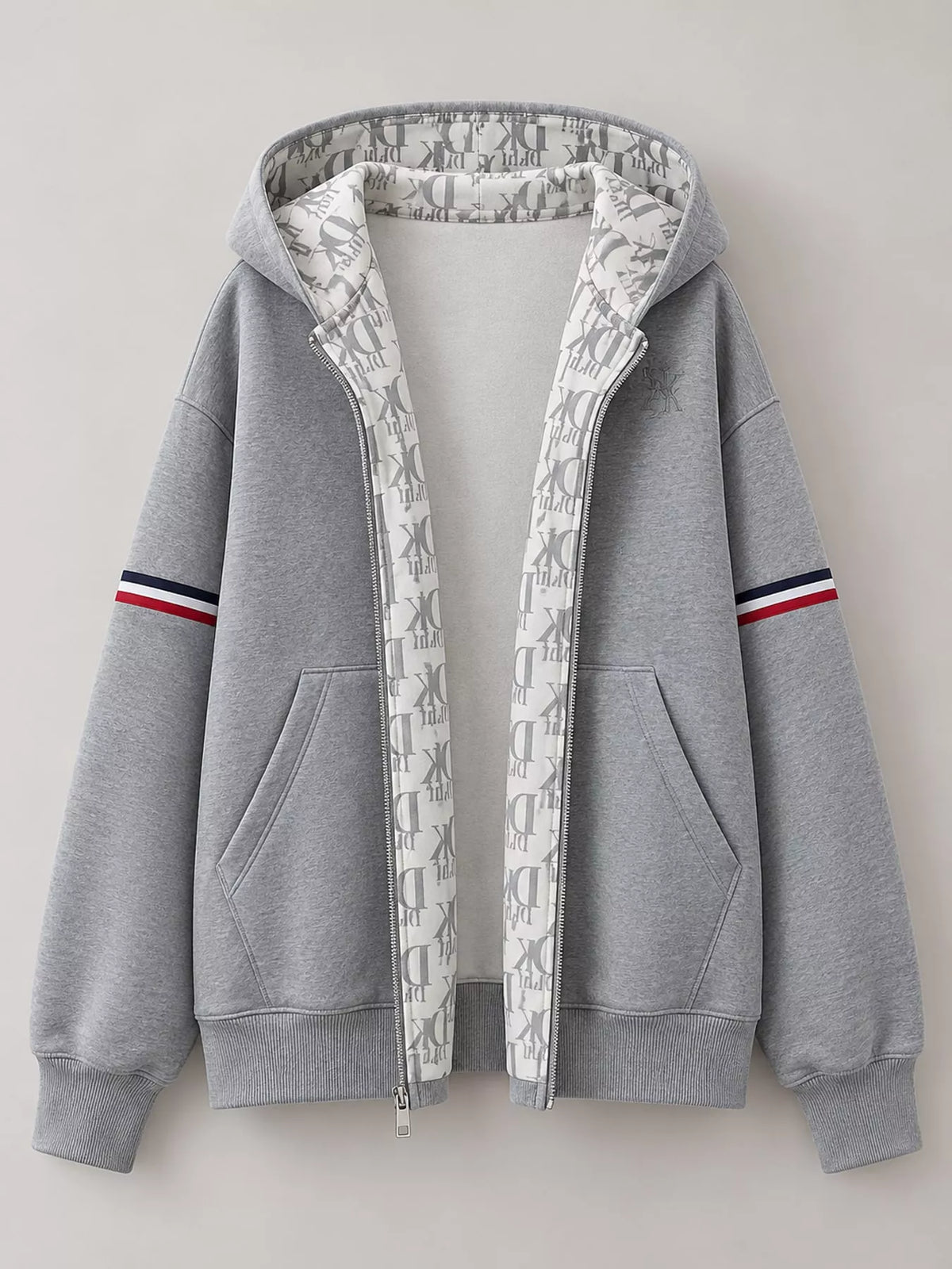 Oversized Zip-Up Hoodie with Striped Sleeves in gray
