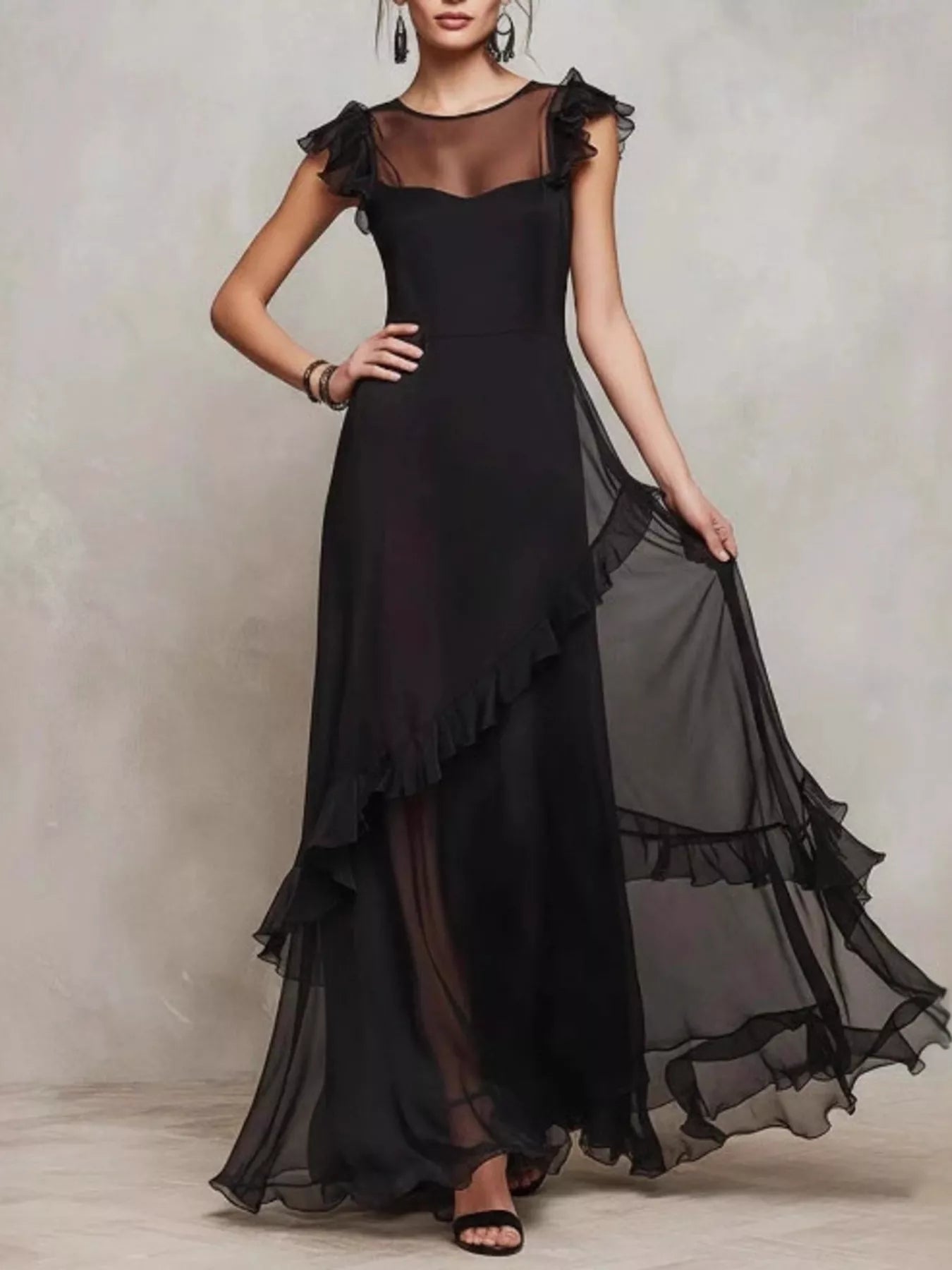 Trendsi Sheer Ruffle Trim Maxi Dress -