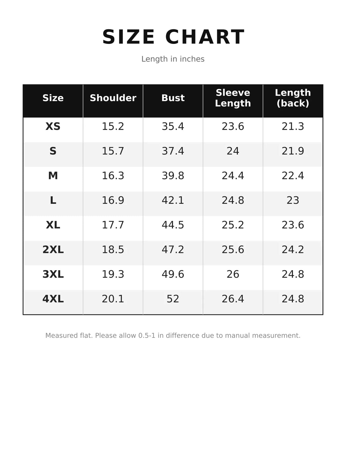 Size chart for faux-leather moto jacket