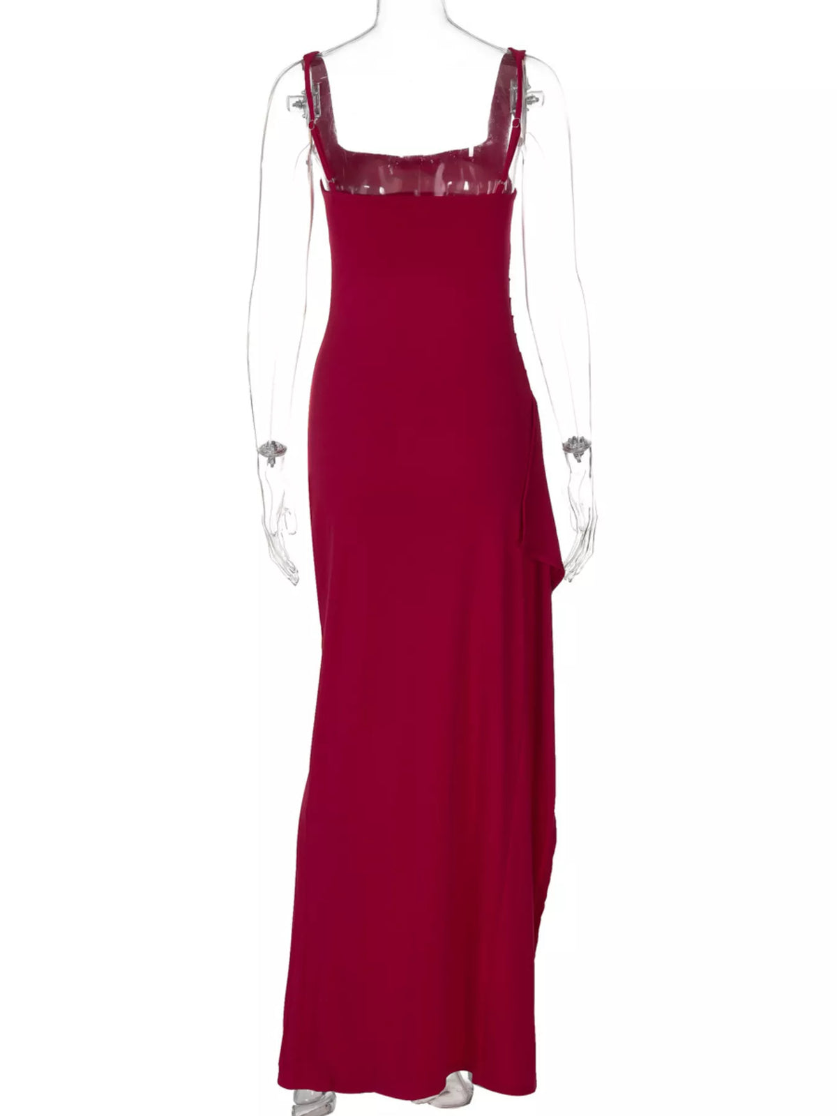 Red slit square neck maxi dress, back view