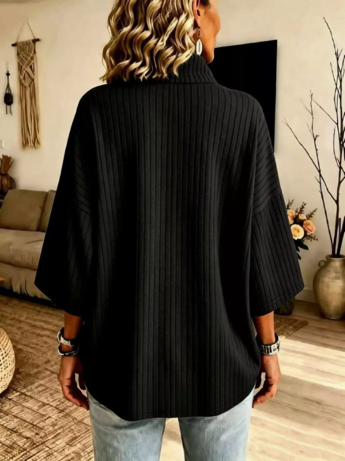 Women's Half-Zip Ribbed Knit Top in Black, front view