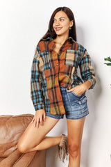 Trendsi Double Take Plaid Curved Hem Shirt Jacket with Breast Pockets -