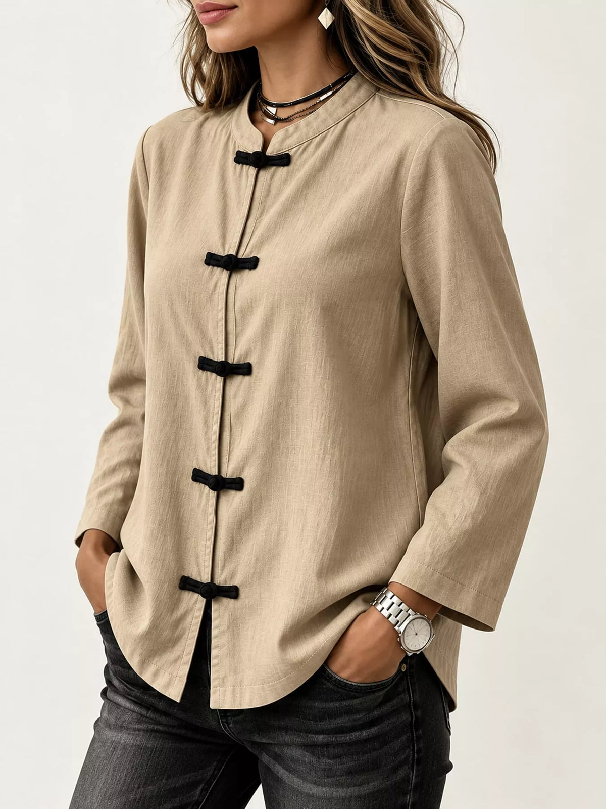 Chinese Style Mandarin Collar Blouse in khaki, side view