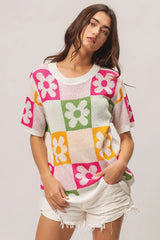 Trendsi BiBi Flower Checker Pattern Lightweight Sweater Top -