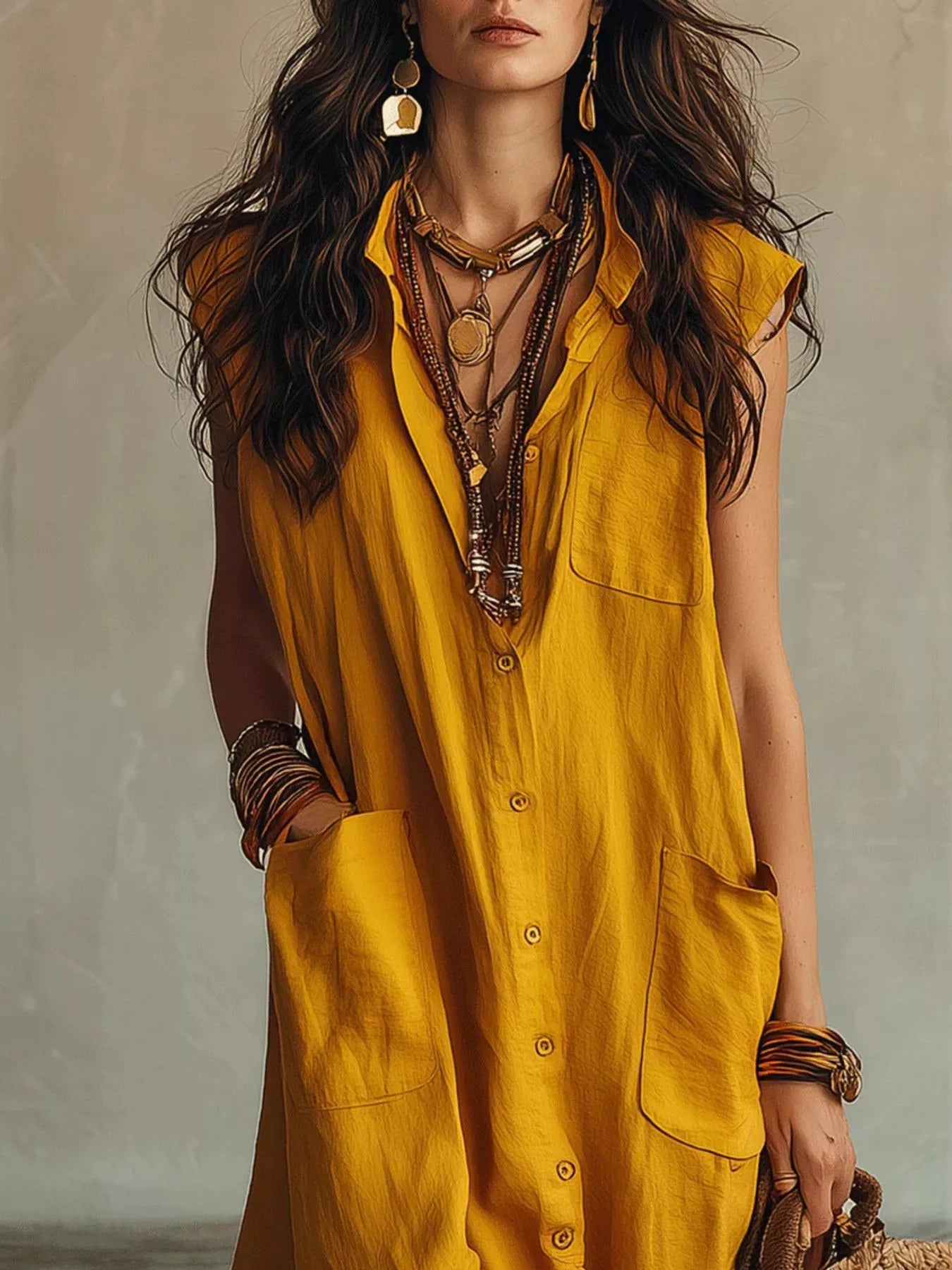 Trendsi Sleeveless Button-Down Linen Maxi Dress -
