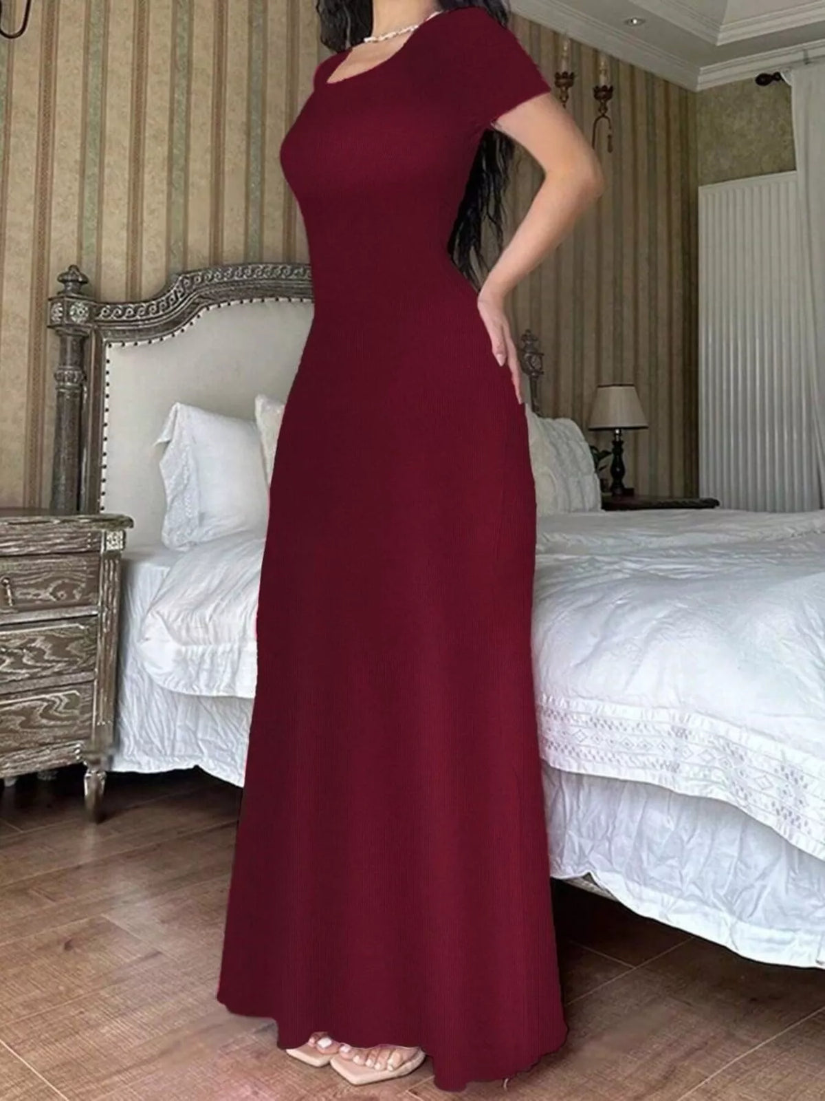 Short-Sleeve Tie-Back Maxi Dress in burgundy, front view